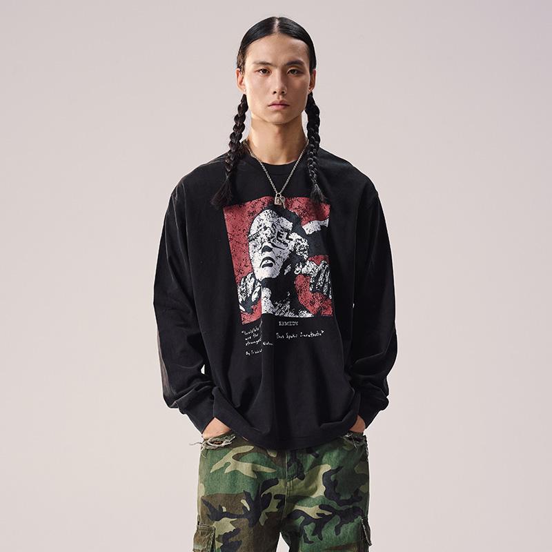 Remedy美式复古潮牌做旧宽松体恤上衣2024秋季新款国潮长袖T恤男