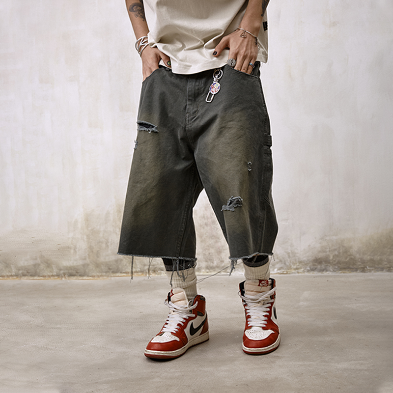 Remedy夏季美式潮牌宽松直筒休闲中裤子国潮破洞流苏牛仔七分裤男