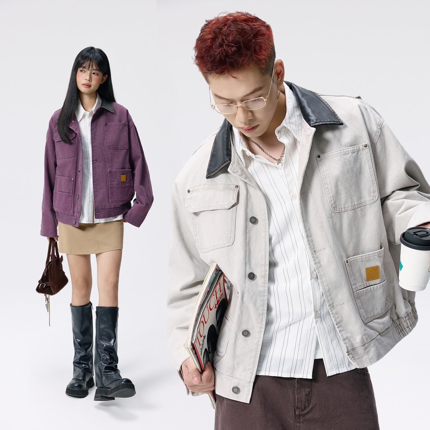 Remedy 美式复古休闲底特律夹克男女多口袋拼接皮领宽松工装外套