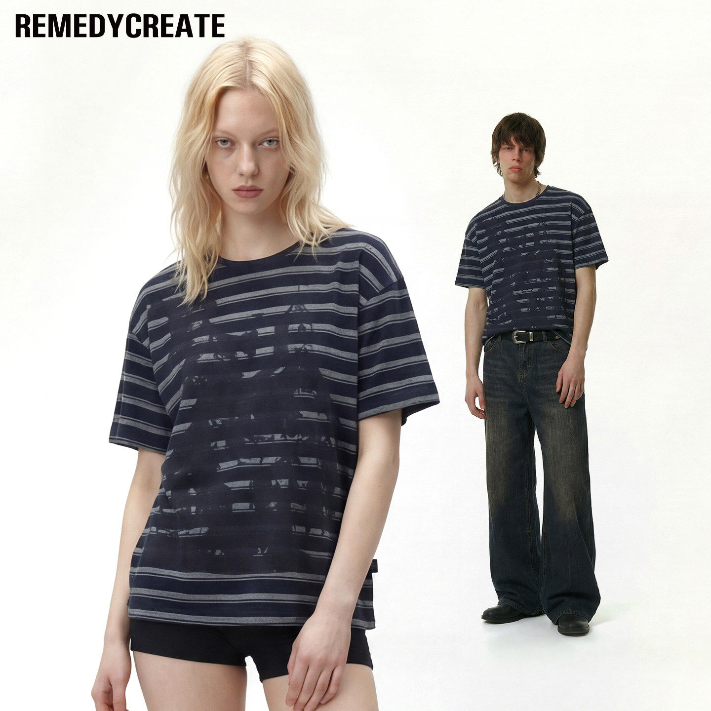 Remedy 美式复古宽松慵懒风条纹短袖T恤男女夏季潮牌做旧半袖体恤