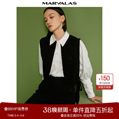 曼德诗针织马甲女2025春秋无袖 系带上衣别致复古黑色马夹衣服女 款