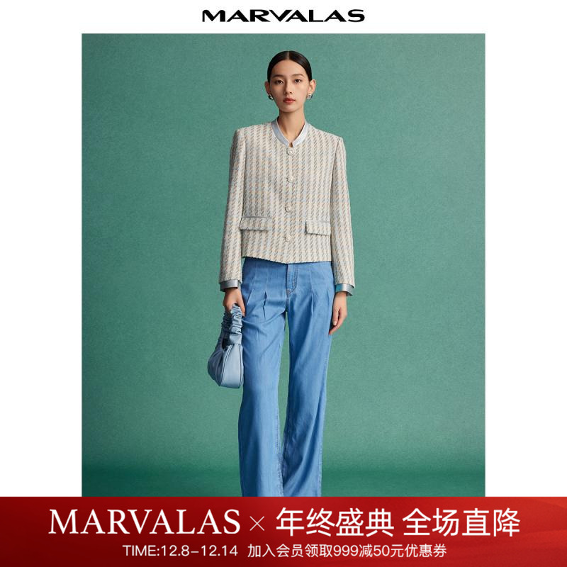 曼德诗通勤撞色提花短外套