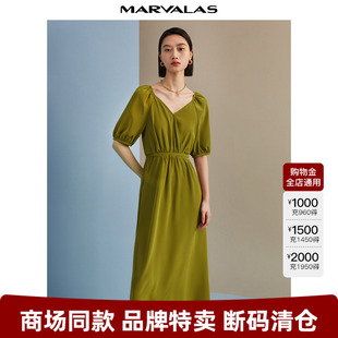 穿搭 曼德诗V领连衣裙女2025夏季 新款 复古甜美泡泡袖 今年流行爆款
