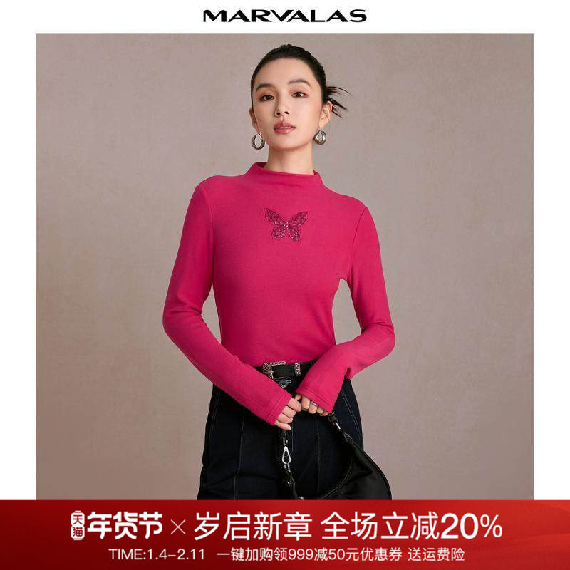 曼德诗德绒T恤2024冬季新款时尚网纱珠片绣设计气质立领修身小衫