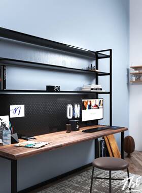 8V实木书架RBN一体电桌loft实木双长人脑书桌书架靠桌墙条桌工作