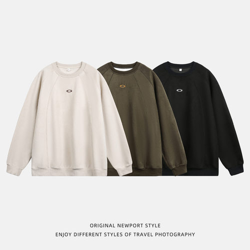 质感重磅圆领卫衣秋季新款质感刺绣仿麂皮绒潮牌插肩袖套头外套q