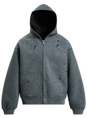 美式高智感设计烫钻卫衣开衫男女慵懒风情侣连帽外套