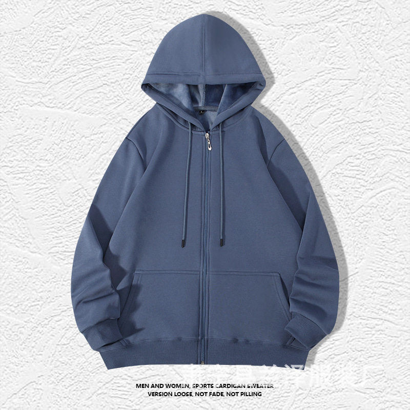 华棉大码拉链连帽开衫男女加绒加厚纯色卫衣外套宽松上衣