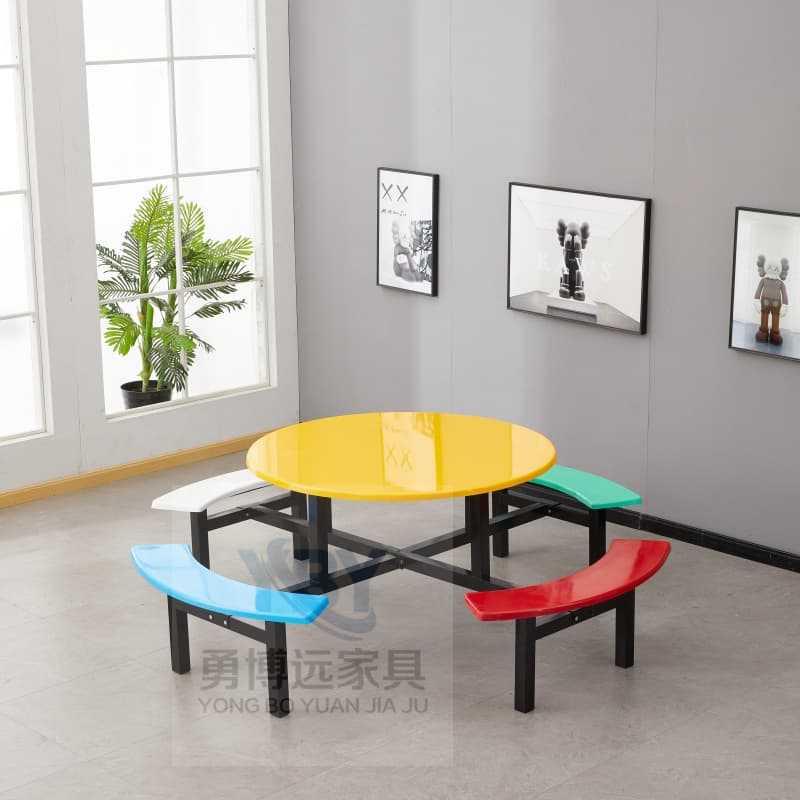 学校食堂餐桌椅圆形员工餐厅桌椅食堂不锈钢餐桌8人玻璃钢连体餐