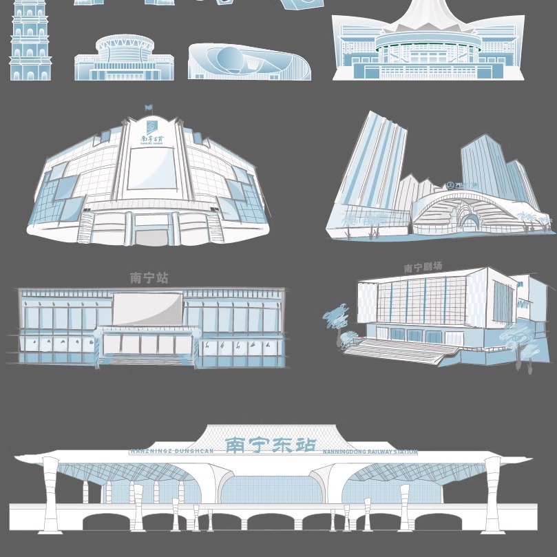南宁广西剪影手绘景点设计地标旅游建筑地平天际线描稿插画图素材