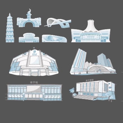 南宁广西设计剪影建筑手绘景点地标旅游地平天际线描稿插画图素材