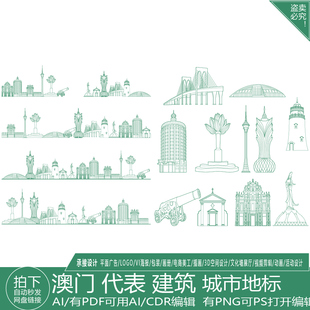 澳门粤港珠澳大湾区建筑剪影地标志地平天际线描稿旅游景点素材