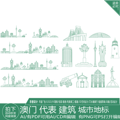 澳门粤港珠澳大湾区建筑剪影地标志地平天际线描稿旅游景点素材