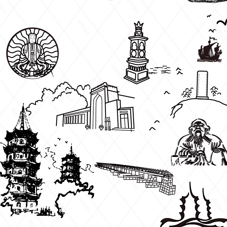 泉州福建剪影建筑手绘景点地标地平旅游天际线描稿插画图设计素材