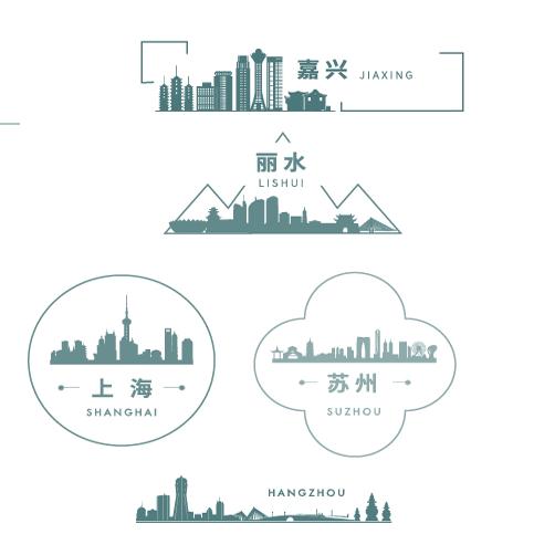 全中国苏州上海宁波杭州丽水义乌南通嘉兴剪影建筑地标插画图素材