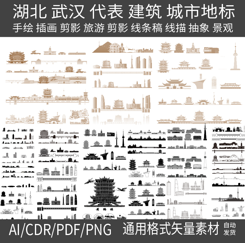 武汉湖北手绘地标剪影景点旅游建筑地平天际线描稿插画图设计素材
