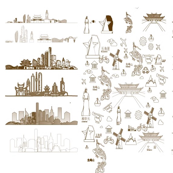 柳州广西手绘景点地标旅游建筑剪影地平天际线描稿插画图设计素材