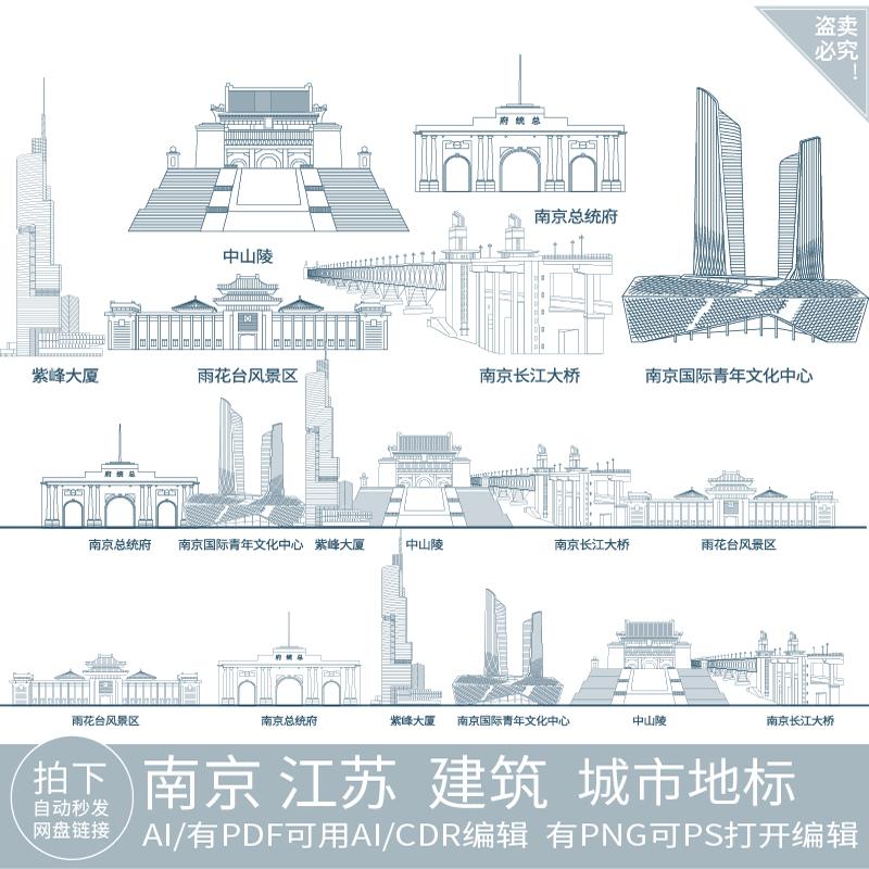 南京江苏旅游手绘地标设计剪影景点建筑地平天际线描稿插画图素材