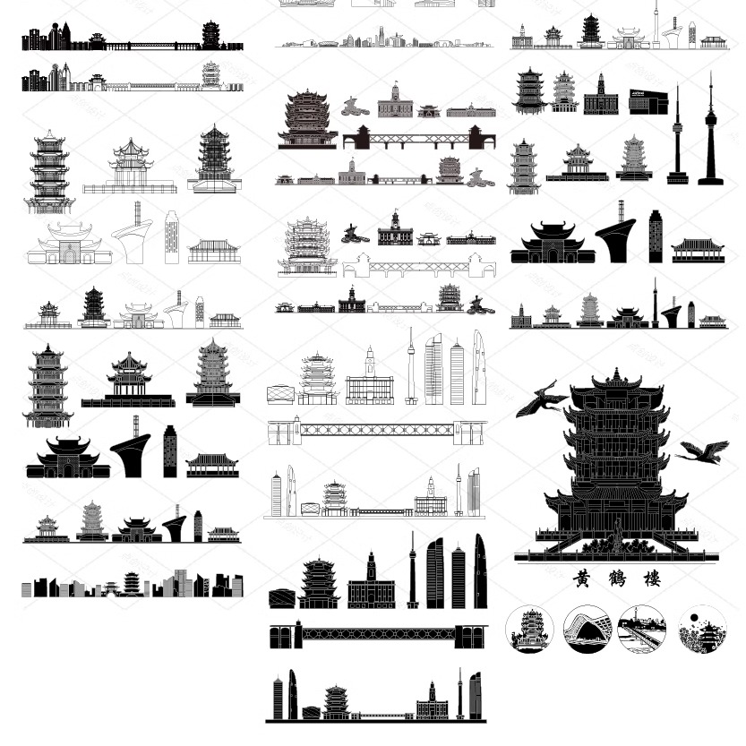 武汉湖北旅游手绘设计地标剪影建筑景点地平天际线描稿插画图素材
