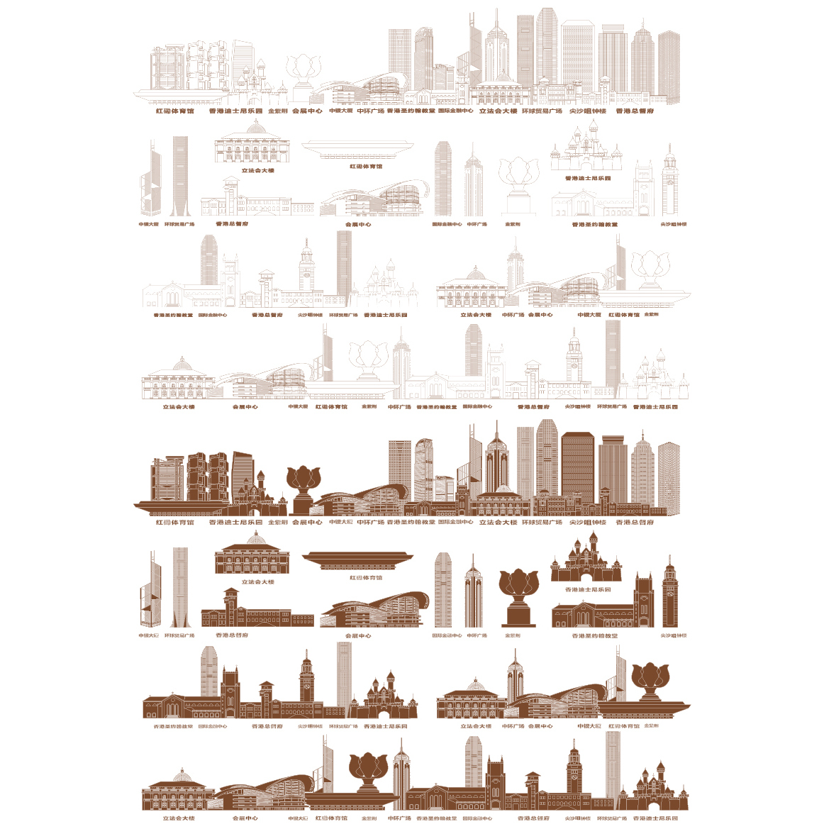香港粤港澳城市大湾区地标志景点建筑天际线条描稿手绘旅游元素材