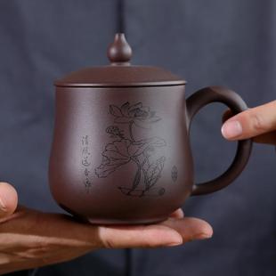 紫砂杯带盖纯手工把手紫泥纯手工家用水杯大茶杯宜兴茶具正宗茶杯