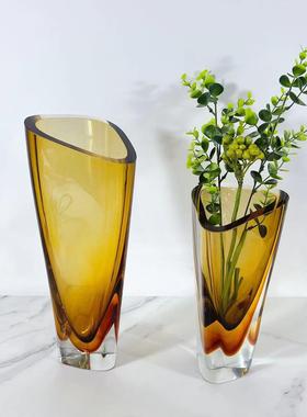 创意琉璃茶色三角切口玻璃储水花瓶摆件插花玄关桌面家居装饰花器