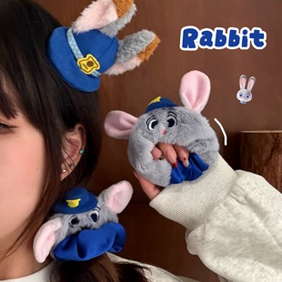 秋冬毛绒小兔警官发圈发夹少女百搭发饰高马尾头绳可爱装 饰刘海夹