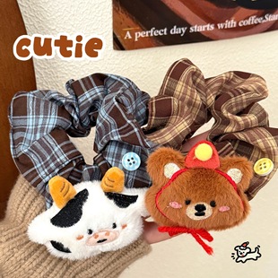 毛绒萌宠公仔发绳学院风百搭格纹大肠发圈少女丸子头皮筋