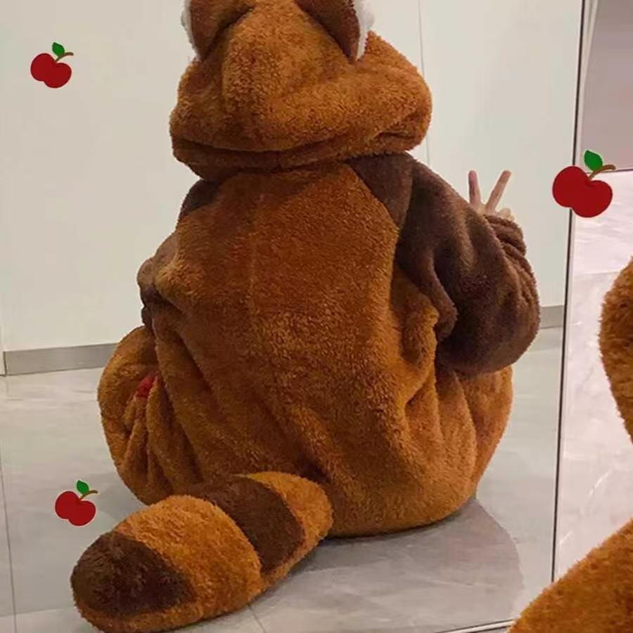 小浣熊睡衣秋冬款女加绒加厚可爱卡通珊瑚绒保暖家居服长款睡袍