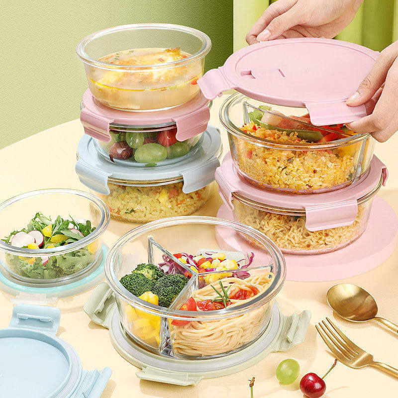 三格玻璃饭盒三分隔学生餐盒上学专用可放微波炉加热的饭盒保鲜盒