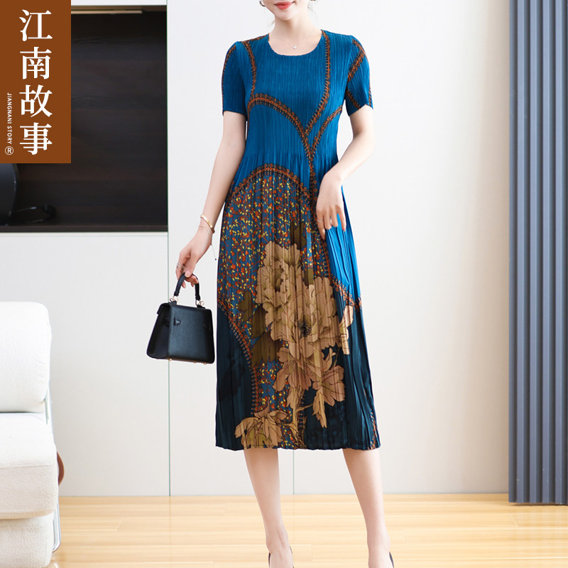 【江南故事】2026夏季百褶印花连衣裙女妈妈装气质减龄显瘦中长裙