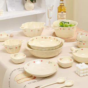 家用高颜值陶瓷米饭碗盘子泡面碗汤碗餐具 碗釉下彩奶油风碗碟套装