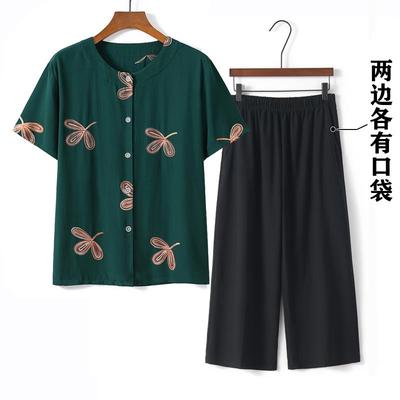 老年人夏装套装妈妈装短袖衬衫中老年女装上衣奶奶绵绸两件套衣服