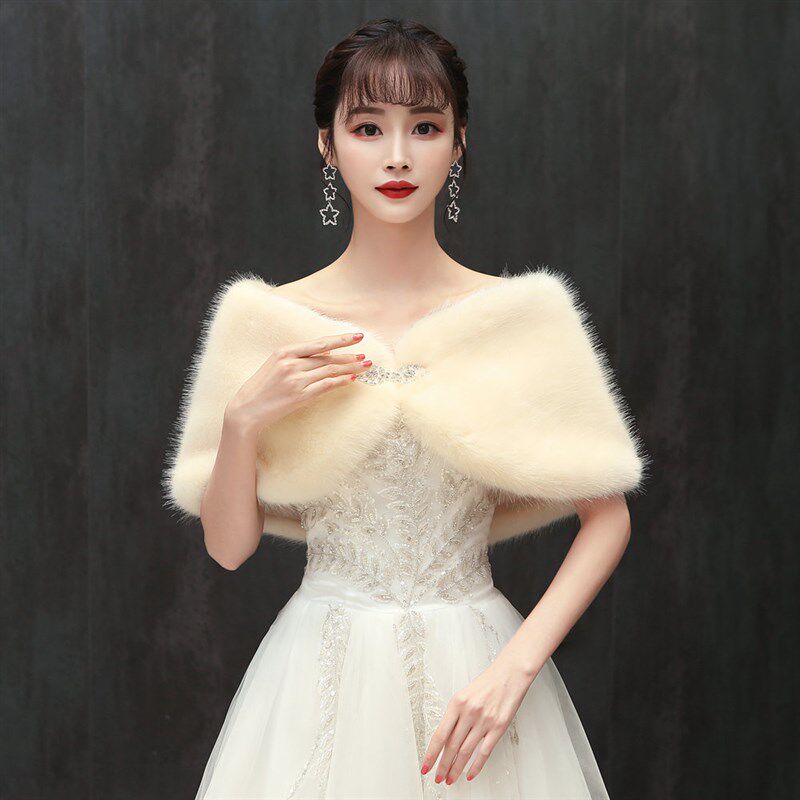新娘婚纱毛披肩秋冬季结婚外搭保暖皮草白色旗袍晚礼服外套加厚