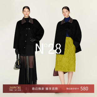 N°28山羊绒毛呢外套女春秋拼接皮领单排扣宽松中长款呢子大衣