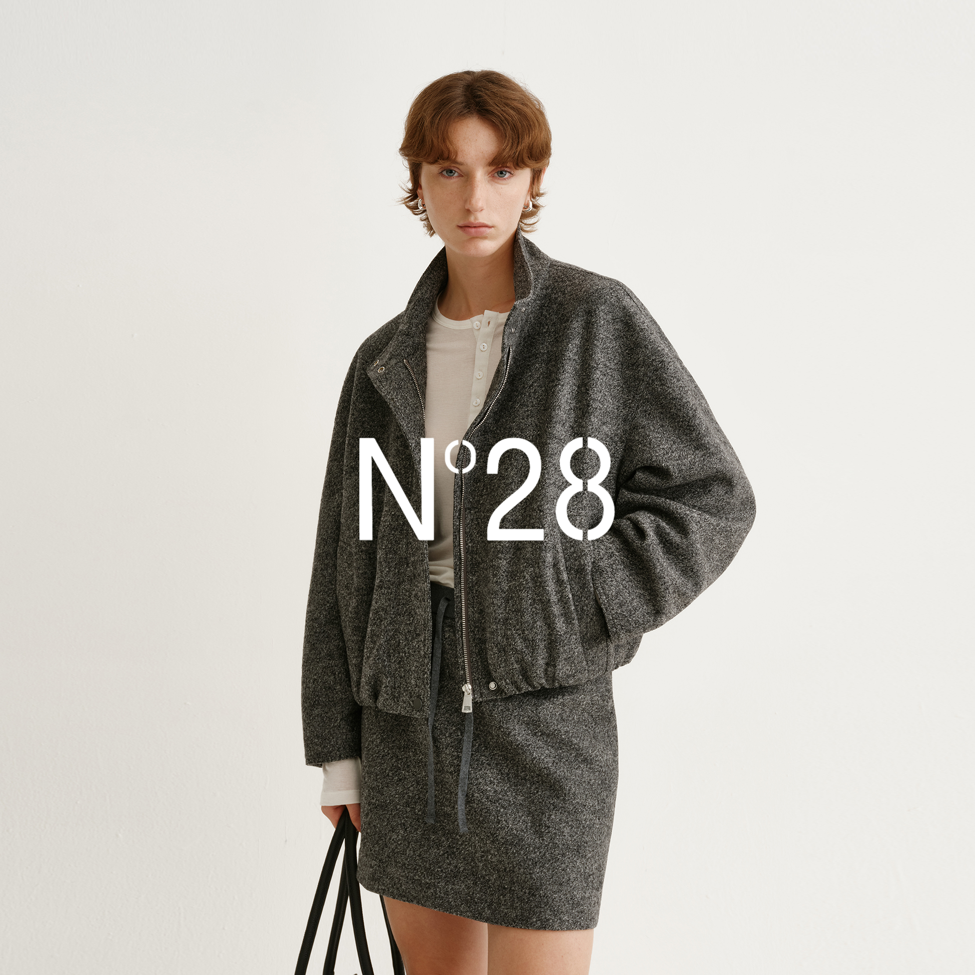 N°28高级感绵羊毛立领短外套花苞半身裙休闲时尚套装女秋季新款