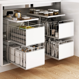 速发厨房下水槽抽拉置层架多家物用碗碟调料水池收纳架拉篮分层储