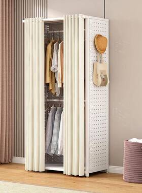 洞防洞易衣柜家用卧XVH室金属板货架铁艺开放式衣柜带尘帘简衣橱