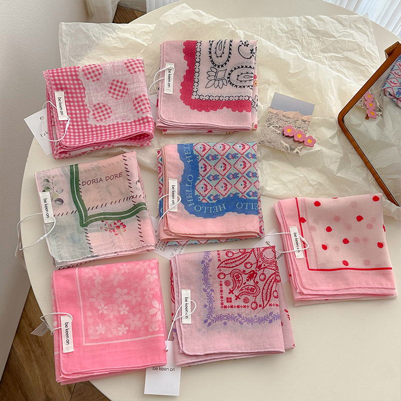 60CM粉色波点棉麻发带丝巾小方巾