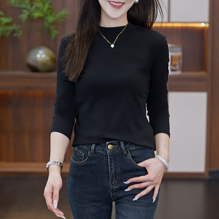 新款 蕉艺半高领修身 女2025春季 长袖 显瘦磨毛T恤正肩上衣 打底衫