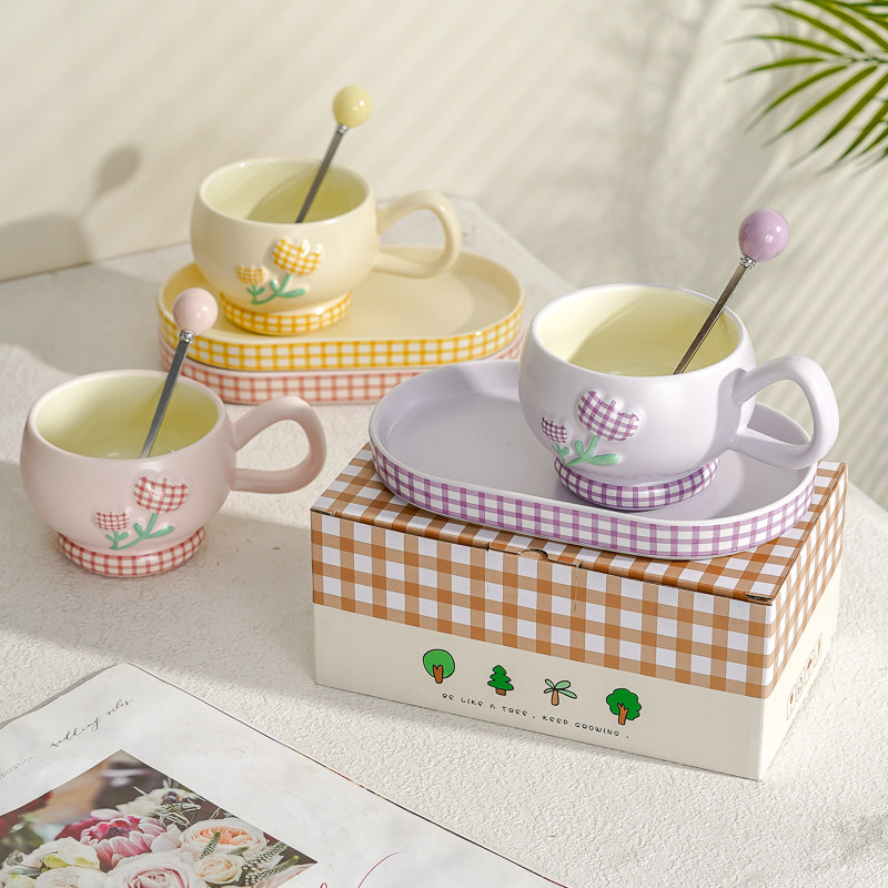 卡通创意陶瓷郁金香杯碟套装带勺马克杯商用招待客人下午茶杯耐热,餐饮具,马克杯,淘宝优惠券,粉丝福利购,淘宝优惠卷