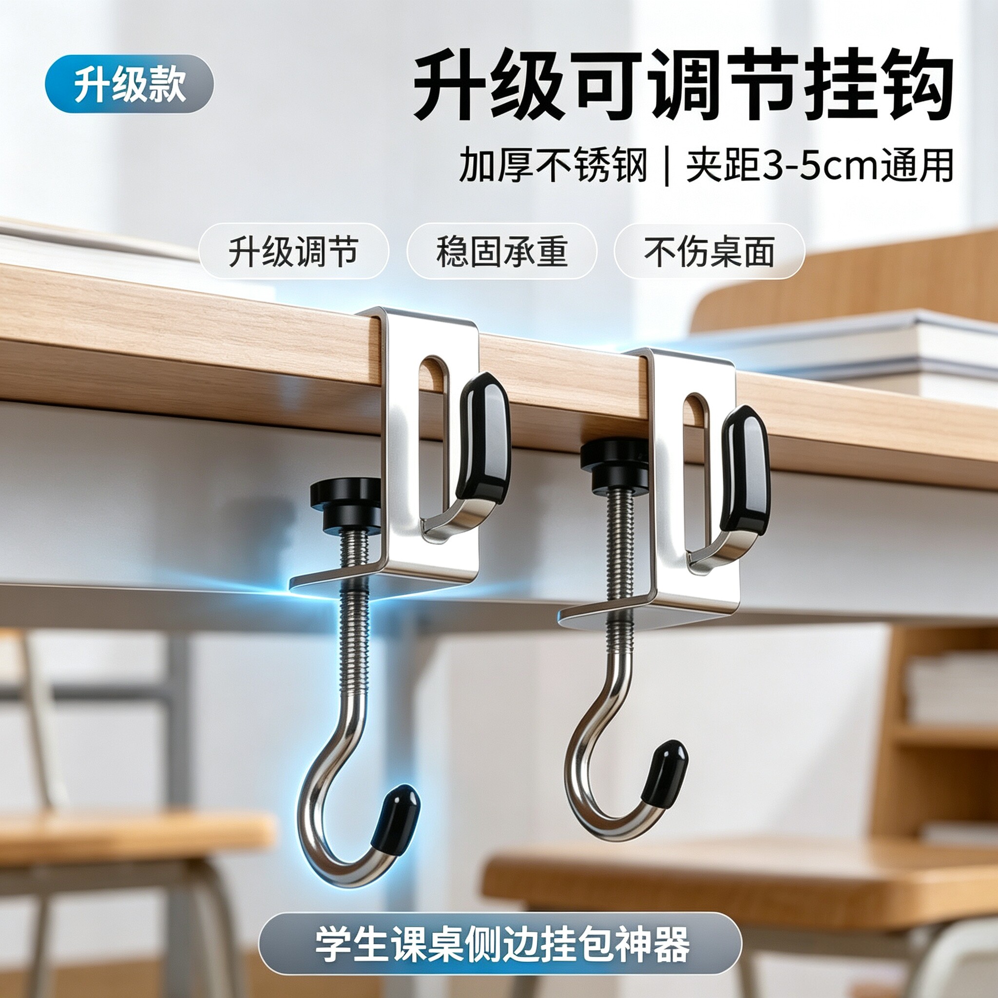 宿舍桌边免打孔可调书包挂钩
