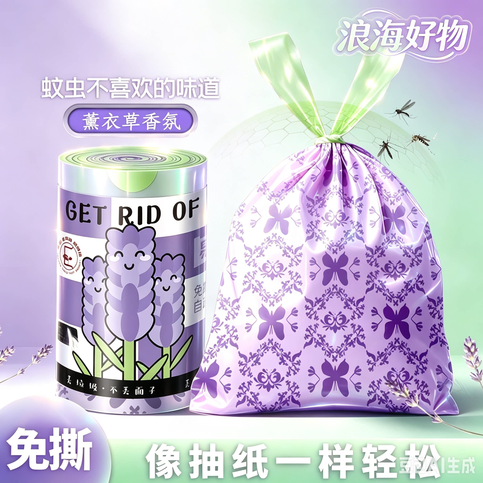 家用薰衣草垃圾袋加大加厚手提式抽绳大号塑料袋手撕厨房专用RR