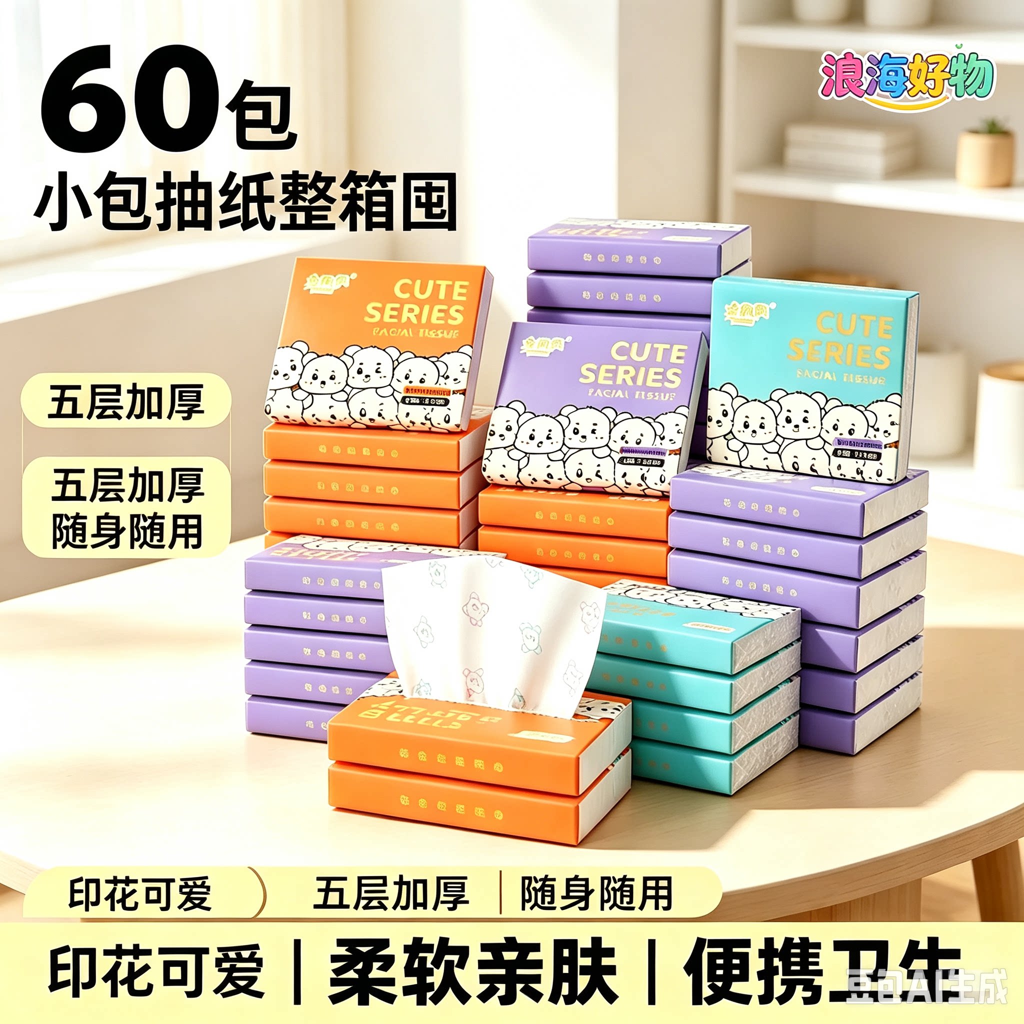 【下单立减50】印花纸巾随身便携式小包抽纸整箱家用一次性纸HQ4