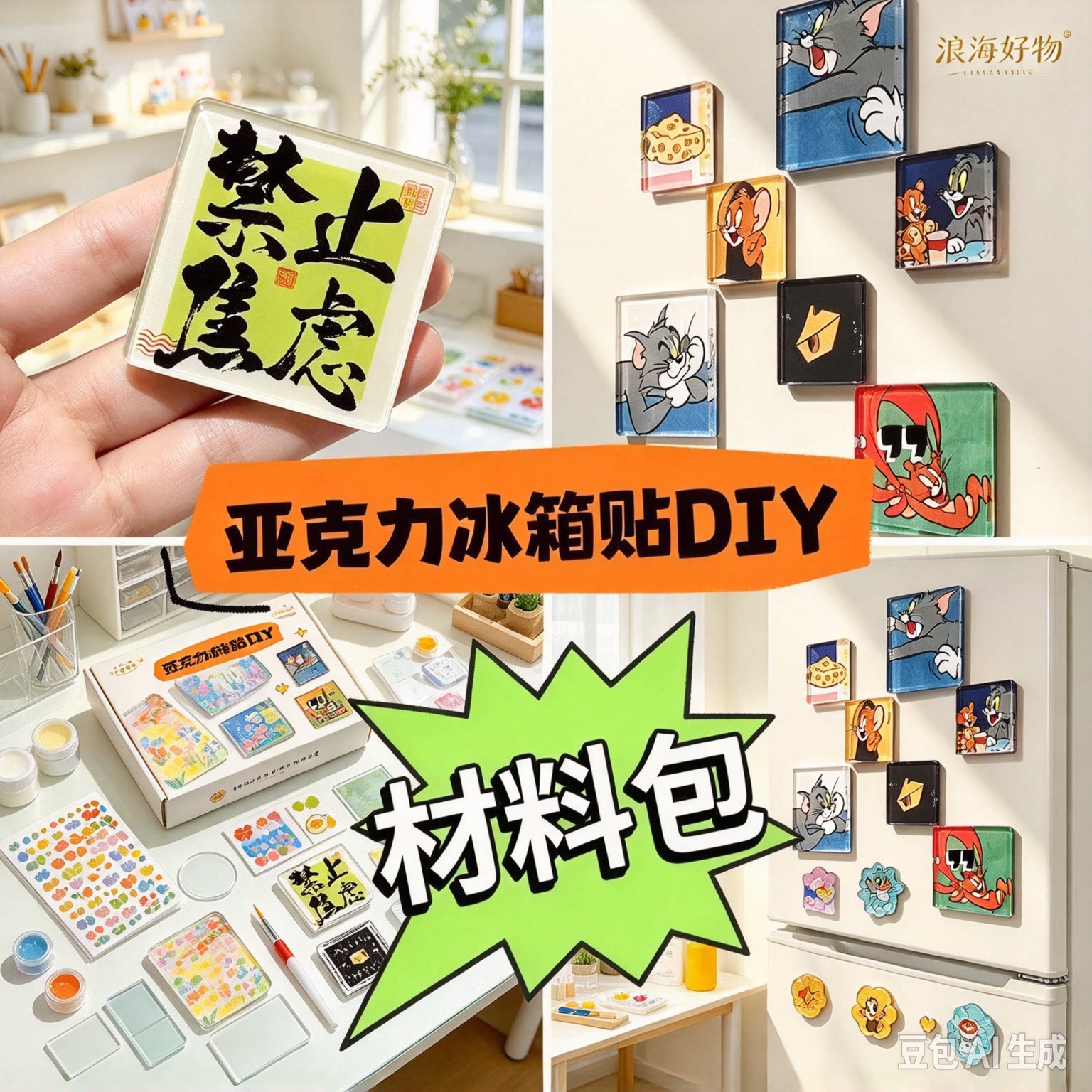 自制手工冰箱贴透明正方形带磁片高透亚克力diy材料包高颜值HQ