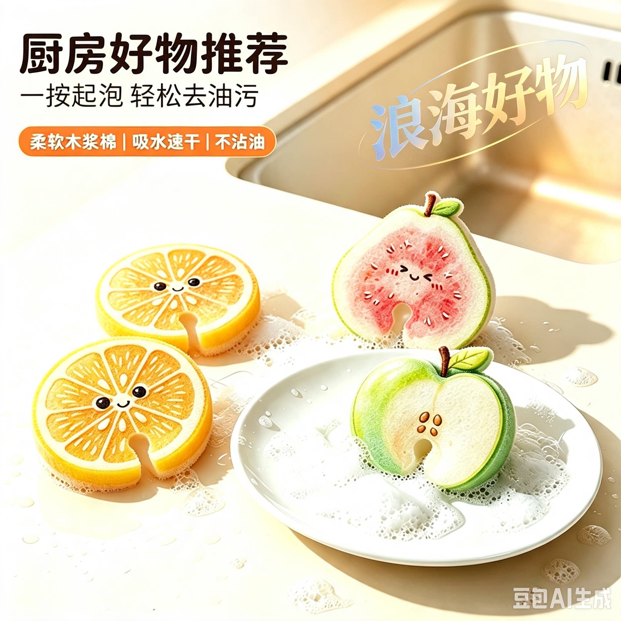 可爱卡通水果系列木浆海棉洗碗刷锅厨房清洁神器RR
