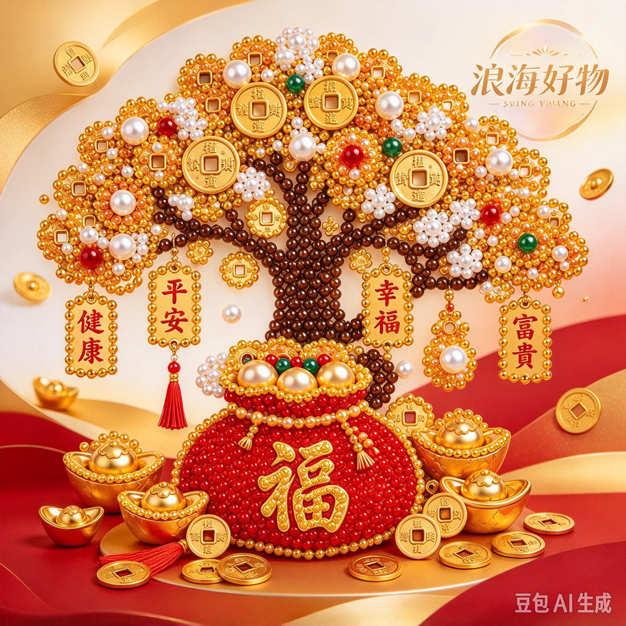摇钱树吉祥财神福禄diy珍珠画手工制作材料包自粘桌面摆台装饰RR