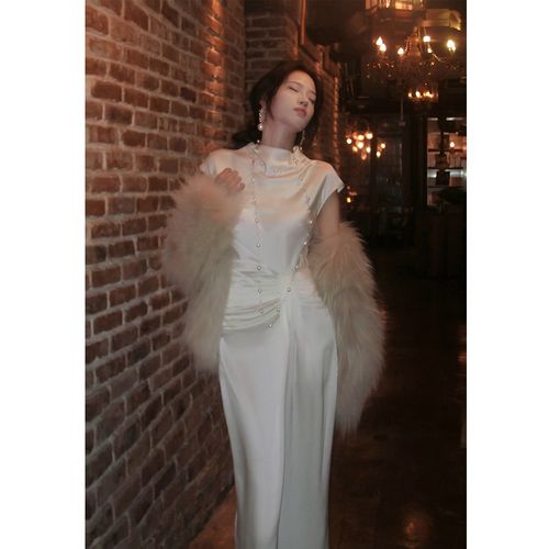 快速发货Good kJob【暮尘】法式缎面气质连衣裙高级感设计堆褶收