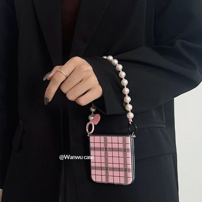 粉色格纹mixflip手机壳珍珠腕带
