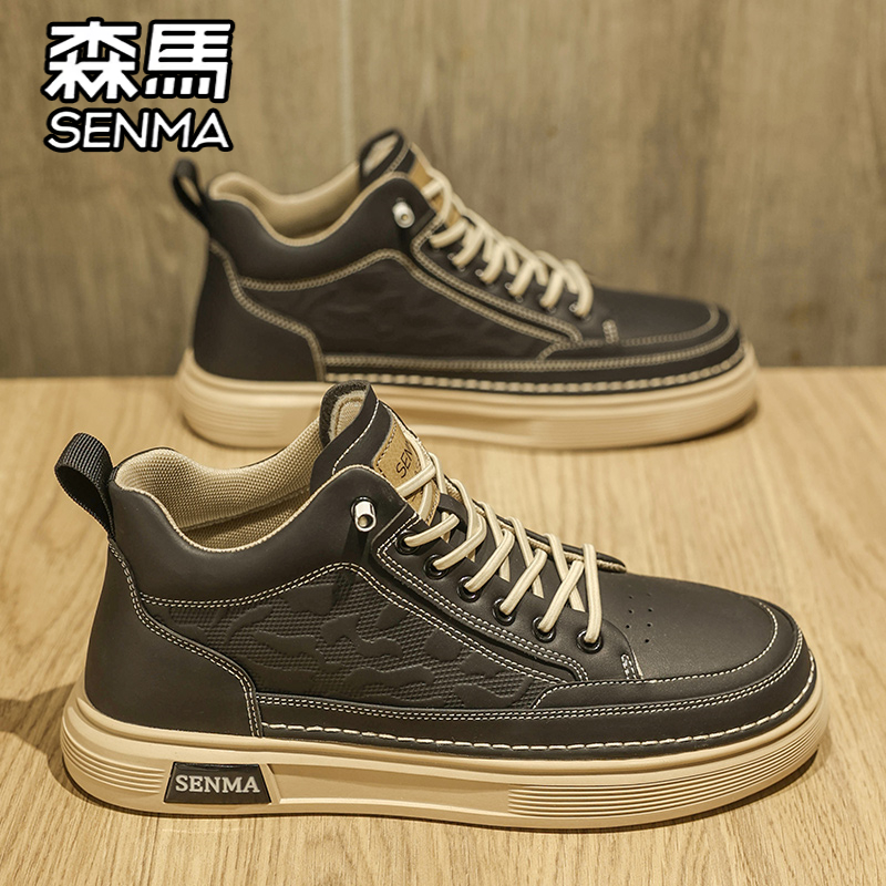 森马高帮男鞋冬季男士运动休闲一脚蹬板鞋防水防滑黑色皮鞋马丁靴